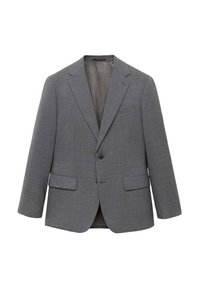 Blazer taillé gris en tissu texturé, avec fermeture à deux boutons, revers crantés et deux poches avant. Intérieur doublé.