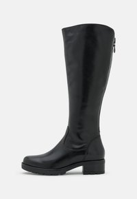 Bottes en cuir noir arrivant au genou, avec un bout rond, une texture lisse, un talon bloc et un détail de fermeture éclair sur le côté pour un enfilage facile.