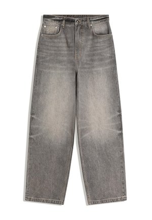 Grijze denim jeans met hoge taille, wijde pijpen, knoop- en ritssluiting aan de voorkant, riemlussen en een ontwerp met vijf zakken.