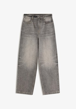 Grijze denim jeans met hoge taille, wijde pijpen, knoop- en ritssluiting aan de voorkant, riemlussen en een ontwerp met vijf zakken.