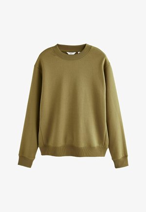 Olivgrüner Baumwollpullover mit rundem Hals, langen Ärmeln, gerippten Bündchen und Saum. Glatte Textur mit minimalen Nähten und Akzenten.