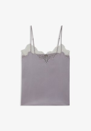 Lavendelfarbene Spaghettiträgertop mit dünnen, verstellbaren Trägern und weißer Spitze entlang des Ausschnitts und des oberen Rückens.