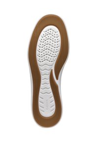 Suola di sneaker bianca con battistrada in gomma marrone, caratterizzata da motivi a onda e fori di ventilazione per la traspirabilità, contrassegnata con "GEOX."