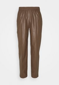 Bruna faux läderbyxor med en stretchig elastisk midja, som har en tapered bendesign och subtila vertikala sömmar.