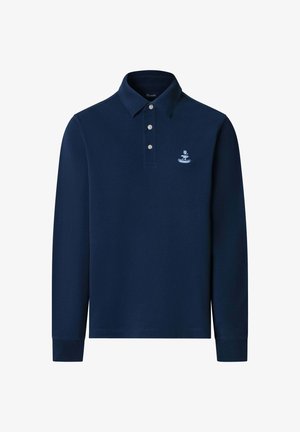 Navyfarbendes Poloshirt mit langen Ärmeln aus Baumwolle; verfügt über einen Kragen, drei Knöpfe und ein gesticktes Logo in Hellblau auf der Brust.
