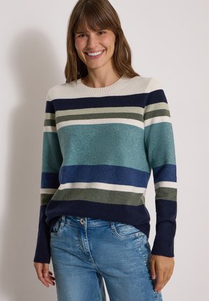Kvinde smilende iført en blå, grøn, hvid og navystribet sweater med lange ærmer og lyseblå jeans mod en ensfarvet baggrund.