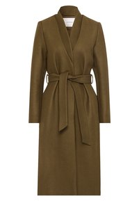 Lange geweven wollen jas in olijfgroen met ceintuur, omslagkraag en lange mouwen, tot op de knie, van Ivy & Oak.