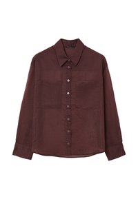 Braune Langarm-Knopfhemd mit Kragen und zwei Brusttaschen, flach auf einem weißen Hintergrund präsentiert.