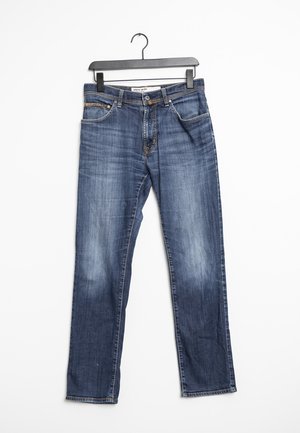 Mörkblå denimjeans med rak passform, fem fickor och knappstängning framtill. Har subtil blekning och en silverfärgad dragkedja.