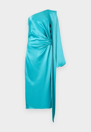 Robe en satin turquoise à une épaule avec détail noué drapé et longue pièce de tissu sur le côté, longueur genou.