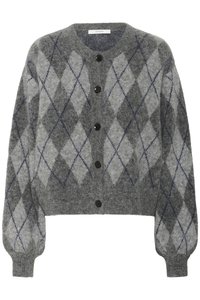 Gray wool cardigan with dark buttons, featuring a light and dark gray argyle pattern and long puffed sleeves with ribbed cuffs.