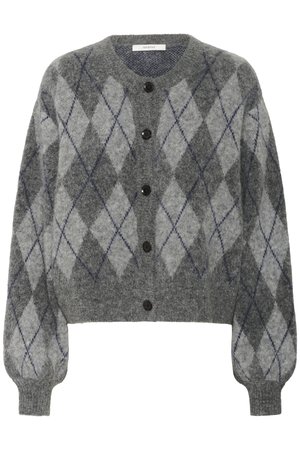 Gray wool cardigan with dark buttons, featuring a light and dark gray argyle pattern and long puffed sleeves with ribbed cuffs.