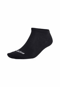 Svart ankelstrumpa i ett slätt tyg, med ribbad muddkant och vitt tryck av logotyp på sidan.