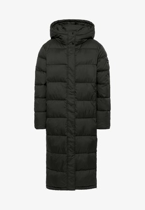 Lang groen pufferjack met een capuchon, voorzien van een gestikte design, sluiting met knopen aan de voorkant en zijzakken. Gemaakt van geïsoleerd materiaal.