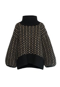 Svart och krämfärgad mönstrad tröja med hög ribbad krage, överdimensionerade ballongärmar och ett texturerat stickat mönster.