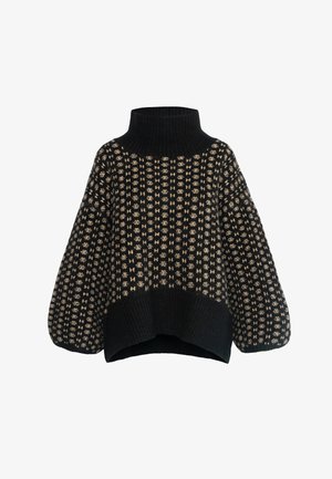 Svart og kremfarget mønstret genser med høy ribbestrikket krage, store ballongærmer og et teksturert strikkedesign.