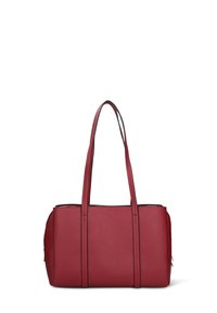 Rode leren shopper met dubbele handvatten, rechthoekige vorm, gestructureerd oppervlak, ritssluiting en zwarte bies details.