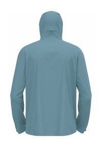 Veste à capuche bleu clair avec des manches longues, texture lisse et capuche cintrée. La partie arrière présente des coutures minimales et un détail de logo subtil.