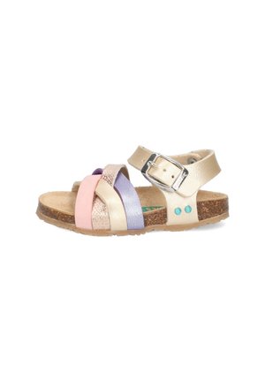 Mehrfarbige Sandalen mit Lederriemen in Pink, Lila und metallischen Oberflächen. Korksohle, verstellbare Schnalle und türkisfarbene Akzente.