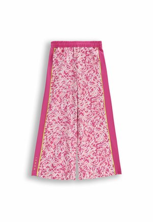 Różowe spodnie o szerokich nogawkach z jasnoróżowym abstrakcyjnym wzorem falistym na przednich panelach, jednolitymi różowymi bokami, żółtym lamówką i elastycznym pasem.