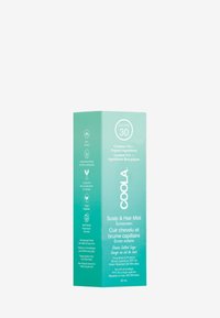 Akwamarynowy gradientowy pojemnik z zaokrąglonymi krawędziami, oznaczony "COOLA Scalp & Hair Mist Sunscreen", SPF 30, szczegóły w białym tekście, pojemność 60 ml.