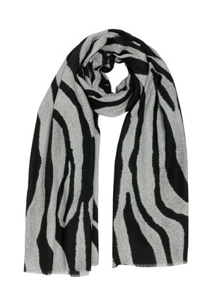 Black and gray zebra-striped scarf made of soft, textured fabric, featuring a long, rectangular shape and fringed edges.