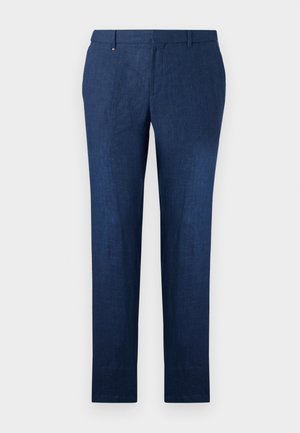 Navy blue trousers made of textured fabric, featuring straight legs and a classic flat front design. No visible patterns or accents.