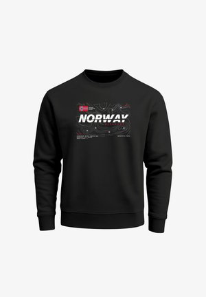 Black sweatshirt with long sleeves and a round neckline. Features "NORWAY EXPLORER" text graphic and a Norwegian flag.