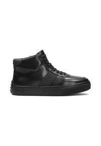 Must musta kõrge sneaker mustast nahast, millel on tekstuuriga aksent ja logo, ümmargused paelad ning kummist tald, millel on mustriga haakimine.