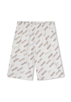 Shorts blancs arrivant au genou avec une ceinture élastique, présentant un motif répétitif du logo "KENZO" en marron et beige.