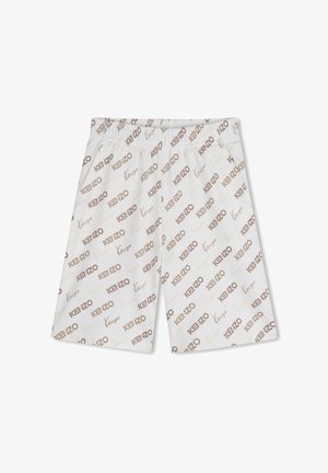 Pantaloncini bianchi fino al ginocchio con una fascia elastica in vita, caratterizzati da un motivo ripetuto del logo "KENZO" in marrone e beige.