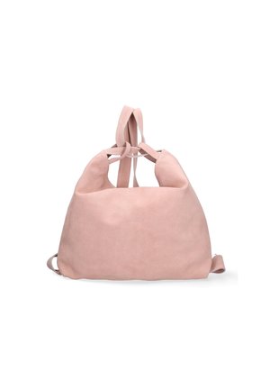 Borsa in suede rosa con una texture morbida, forma arrotondata e due lunghe cinghie. Nota per il suo design minimalista e i dettagli cuciti.