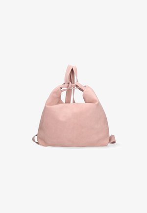 Roze suède tas met een zachte textuur, ronde vorm en twee lange hengsels. Opvallend door het minimalistische ontwerp en de gestikte details.