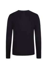Maglione pullover nero, collo rotondo, maniche lunghe, polsini e bordo a coste, texture liscia, maglia leggera, design semplice senza motivi.