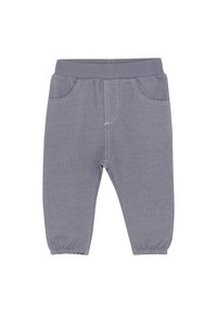 Grijze stoffen broek met een geribbelde tailleband, elastische boorden en twee zijzakken. Contrasterende stiksels langs de naden. Zachte textuur.
