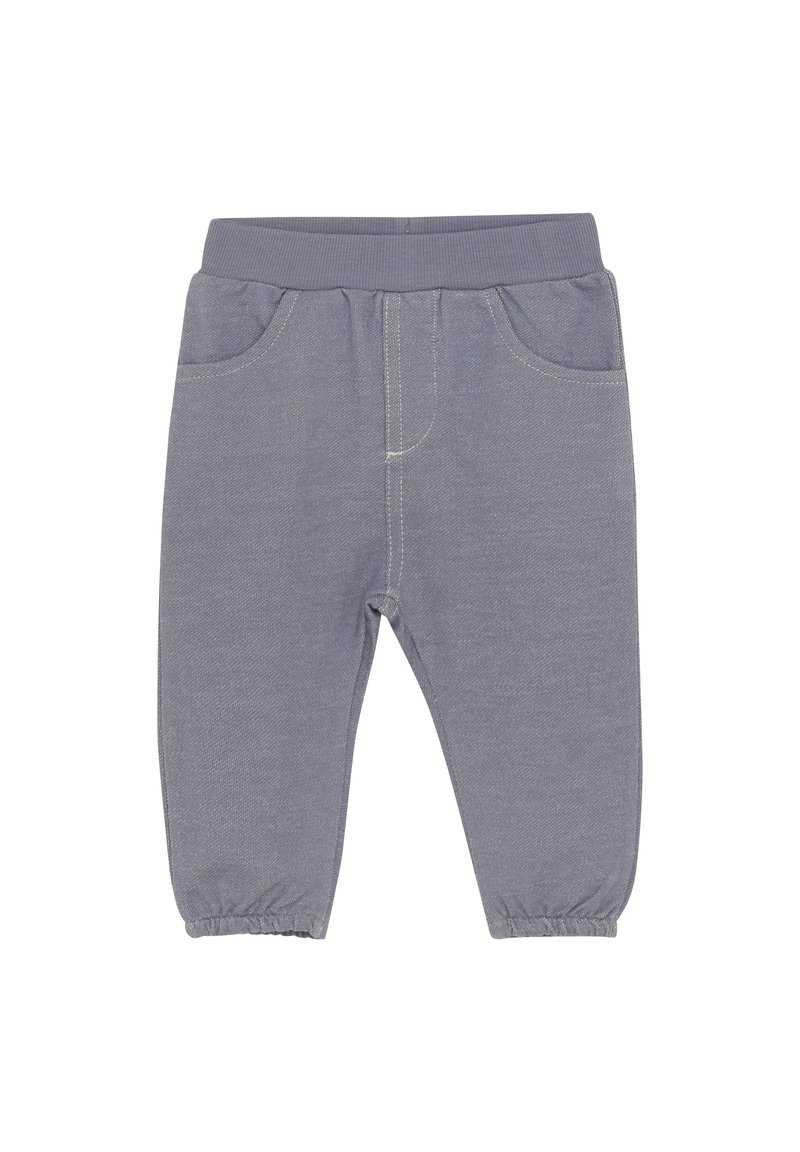 Grijze stoffen broek met een geribbelde tailleband, elastische boorden en twee zijzakken. Contrasterende stiksels langs de naden. Zachte textuur.