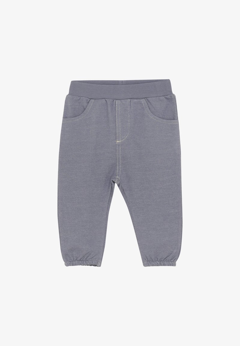 Pantalons en tissu gris avec une ceinture côtelée, des poignets élastiques et deux poches avant. Coutures contrastées le long des seams. Texture douce.