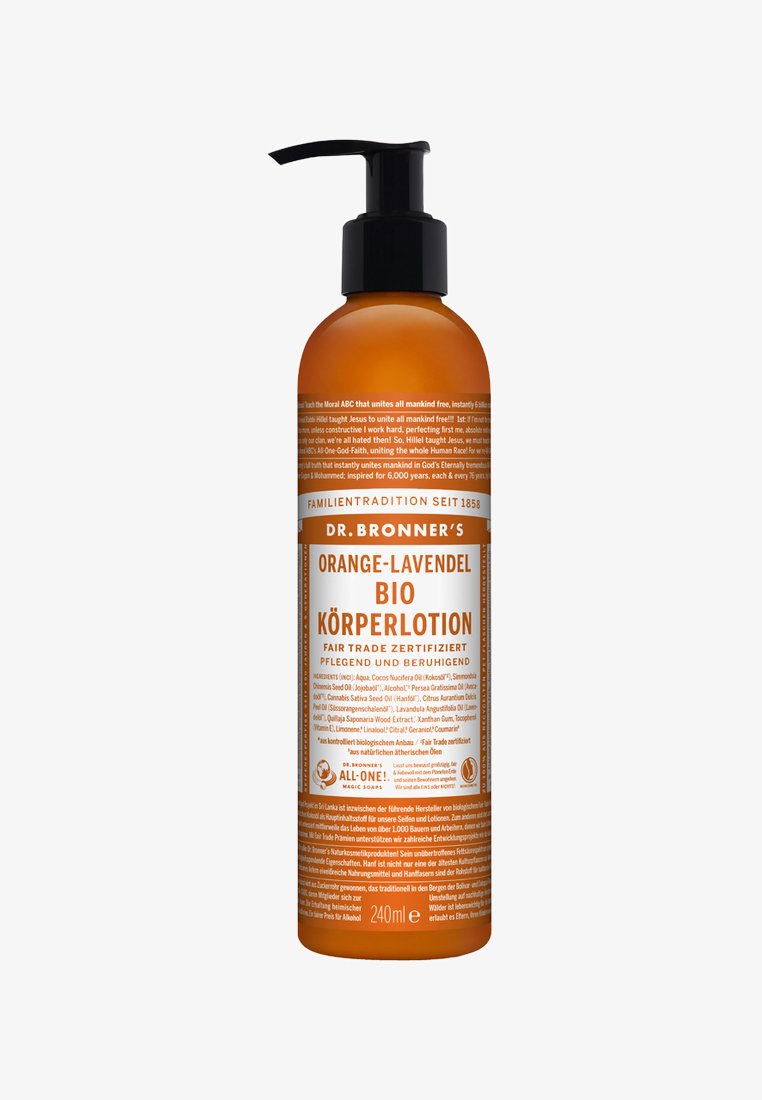 Bernsteinfarbige Kunststoffpumpflasche mit schwarzem Pumpkopf. Das Etikett zeigt weiße und orangefarbene Schrift mit dem Produktnamen und den Inhaltsstoffen. 240 ml Fassungsvermögen.