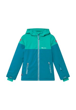 Türkise und türkisfarbene Kinderjacke mit Kapuze, zwei mit Reißverschluss versehenen Taschen, reflektierenden Details und einem Logo auf der Brust. Glattes, wasserdichtes Material.