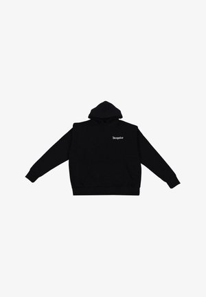 Felpa nera con cappuccio e tasca frontale, maniche lunghe e cappuccio con cordoncino. Presenta il testo bianco "Dropsize" nella zona del petto.