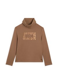 Maglia a collo alto marrone a maniche lunghe in materiale morbido, con una patch metallica a strisce zebra e la scritta "ready", insieme a un accento discreto del logo.