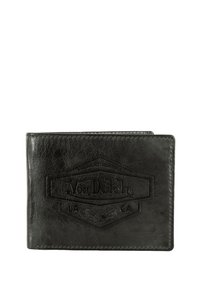 Portefeuille en cuir noir avec détail de logo embossé. Présente une finition texturée et un design à double pli. Forme compacte avec des bords cousus.