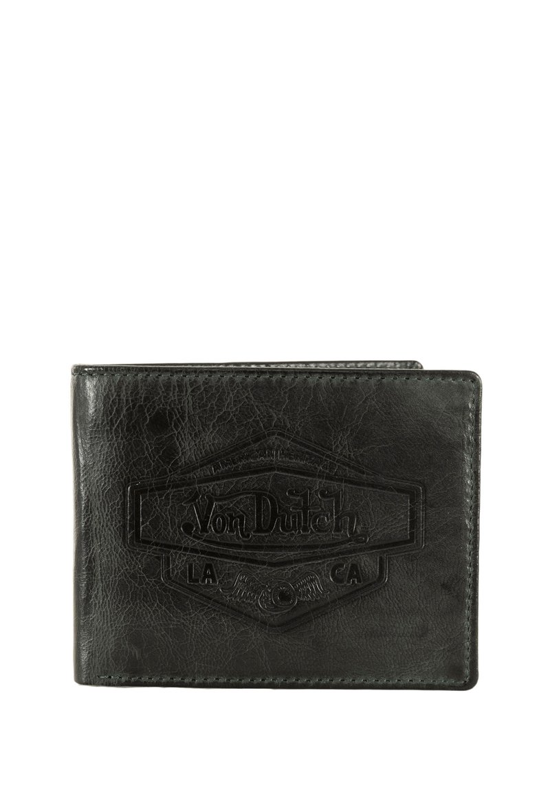 Portefeuille en cuir noir avec détail de logo embossé. Présente une finition texturée et un design à double pli. Forme compacte avec des bords cousus.