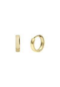 Gouden hoepeloorbellen met een gepolijste afwerking, met een elegant ontwerp en een gladde oppervlakte. Ze hebben een ronde vorm met een scharnier sluiting.