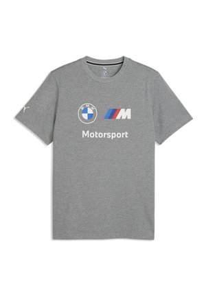 Szara koszulka z krótkim rękawem z logo BMW, trójkolorowym paskiem M i słowem "Motorsport" nadrukowanym na środku z przodu.