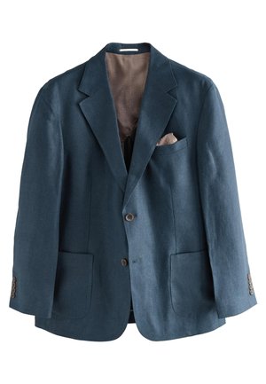 Blue linen blazer with a notched lapel, two front pockets, and a chest pocket. Brown buttons and a contrasting beige inner lining.