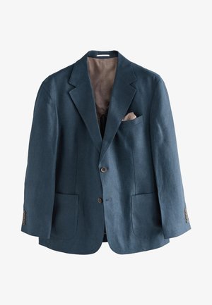 Blazer azul de lino con solapa con muesca, dos bolsillos frontales y un bolsillo en el pecho. Botones marrones y forro interior beige a contraste.