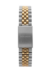 Silver and gold-tone metal watch with a rectangular silver case, featuring a patterned gold and silver link bracelet design.
