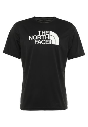 Czarna koszulka z krótkim rękawem z dużym białym logo "THE NORTH FACE" i półokrągłym wzorem na piersi, okrągły kołnierz.