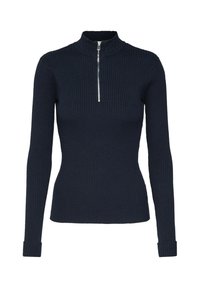 Marineblaues, geripptes Langarmoberteil mit einem hohen Kragen und einem Reißverschluss vorne. Figurbetonte Passform mit geknöpften Ärmeln und einem strukturierten Strickmuster.